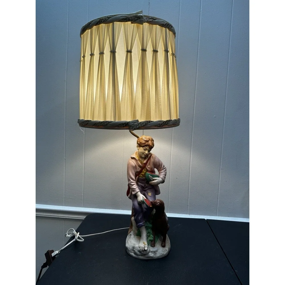 Vintage Taiwan Figural Table Lamp Boy Feeding Dog Watermelon Ceramic 31 Inch Sha